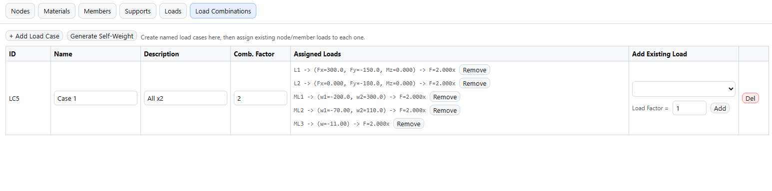 Load Combinations tab showing assigned loads and factors in NextForm 2D Frame.